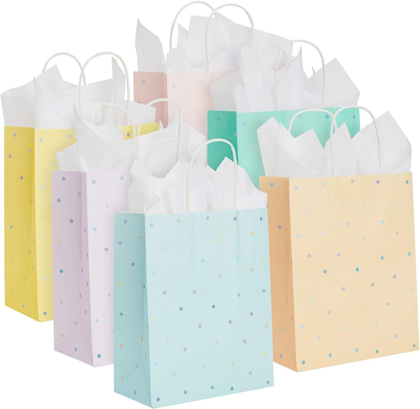 BLUE PANDA 36 Pack Medium Polka Dot Paper Gift Bags with Handles and White Tissue Paper, 6 Pastel Rainbow Colors (10 X 8 X 4 In)