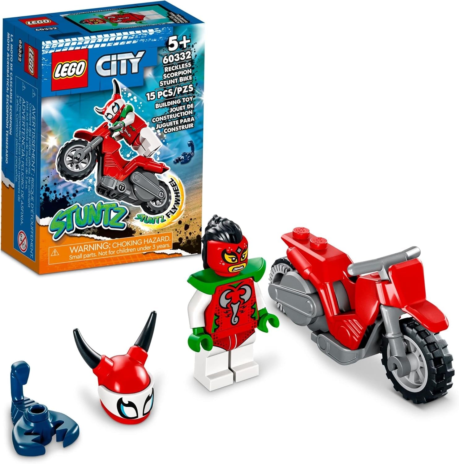 LEGO City Stuntz Reckless Scorpion Stunt Bike Set 60332 with Flywheel-Powered Toy Motorcycle and Racer Minifigure, Small Gift for Kids Aged 5 Plus