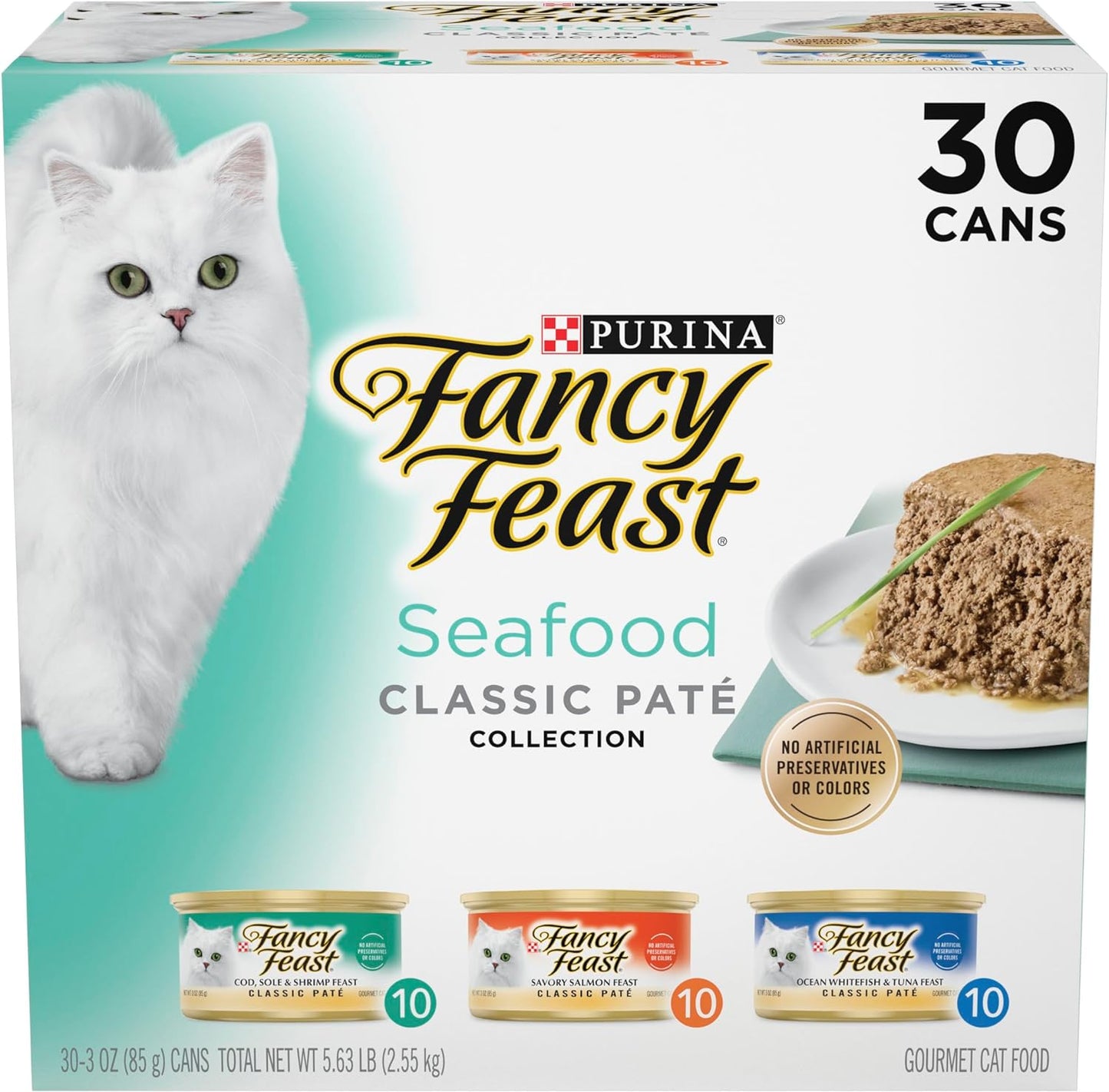 Purina Fancy Feast Seafood Classic Pate Collection Grain Free Wet Cat Food Variety Pack - (Pack of 30) 3 Oz. Cans