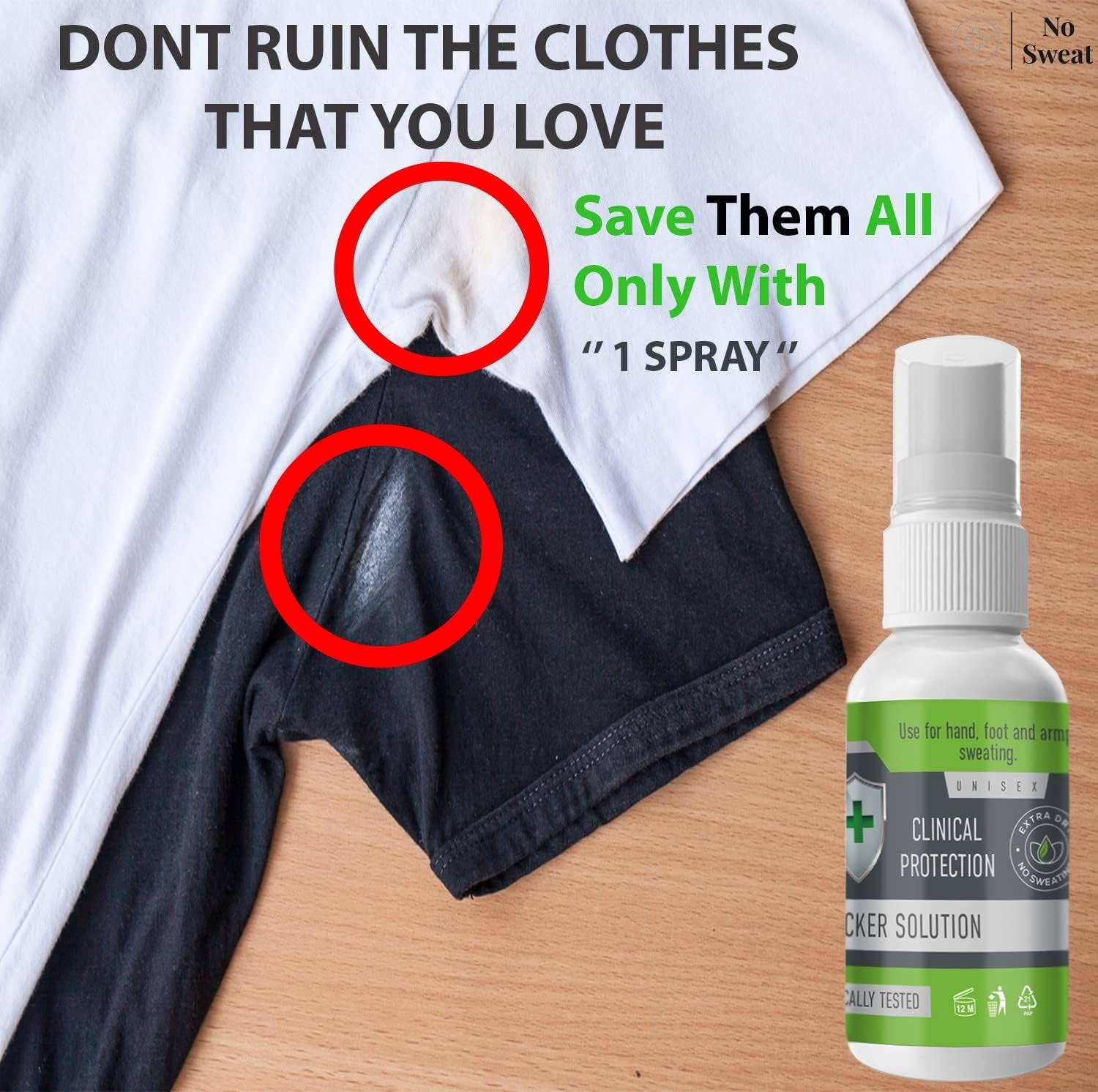 NO SWEAT Maximum Strength Antiperspirant Spray, Strong Deodorant for Excessive Sweating & Hyperhidrosis Treatment, Lasts up to 7 Days -50Ml) Packing May Vary