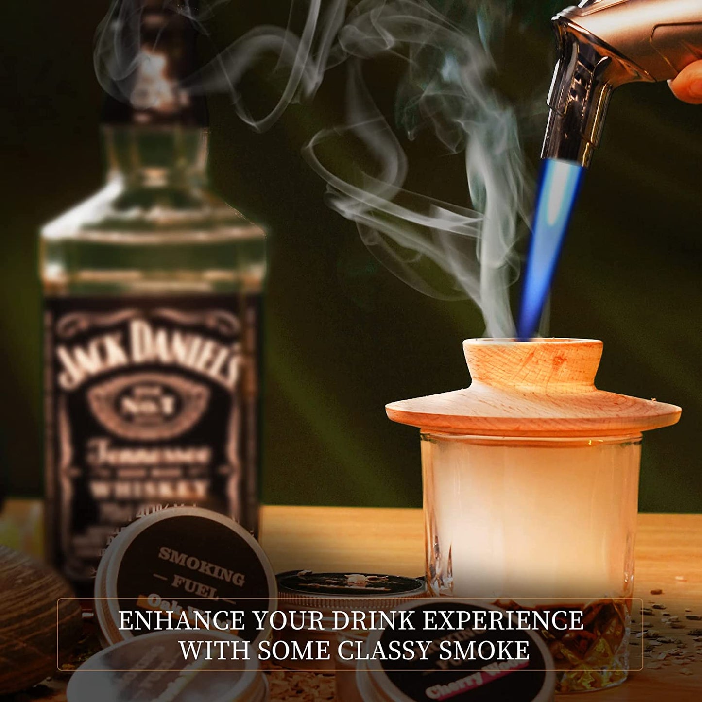 Cocktail Whiskey Smoker Kit, Old Fashioned Kit for Festival Gift, Four Kinds of Wood Chips for Whiskey, Bourbon. Smoked Cocktail, Drink, Food for Friends, Husband, Dad (With Torch Butane Not Included ) (Black)