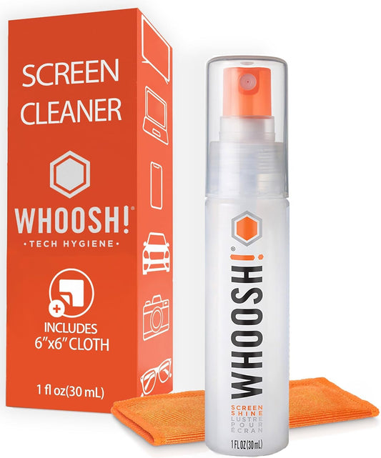 WHOOSH! Glasses Cleaner Spray - 30 Ml + 1 Microfiber Cleaning Cloth - Travel Size Laptop Screen Cleaner for Macbook, Computer, Portable Car Screen Cleaner for Phone, Ipad - Electronic Cleaner Kit