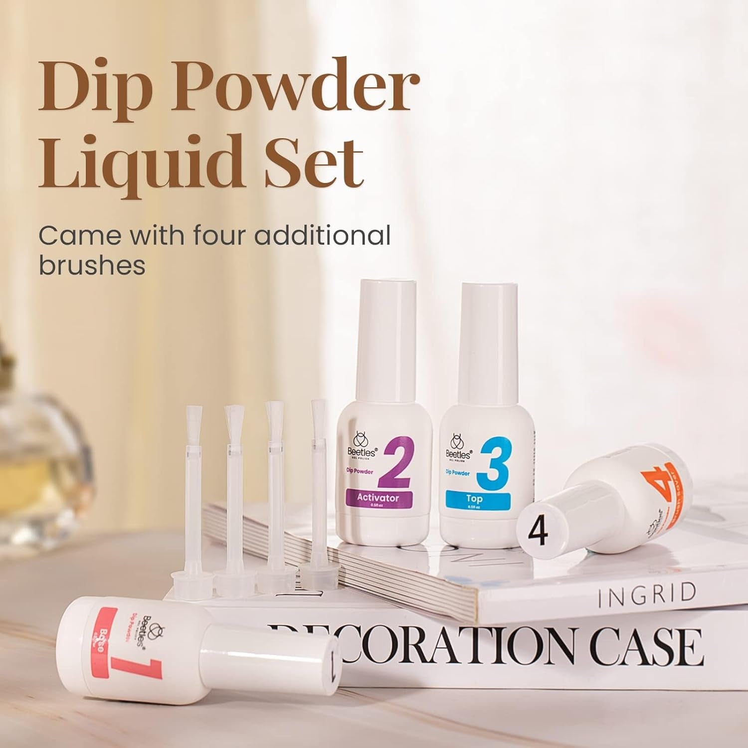 Beetles Dip Powder Gel Liquid Set 0.5Oz/Bot with Base-Top Coat, Activator, and Brush Savor Dipping Powders Essentials Kit (Steps 1-4), Dip Nail Kit Acrylic Nail Manicure