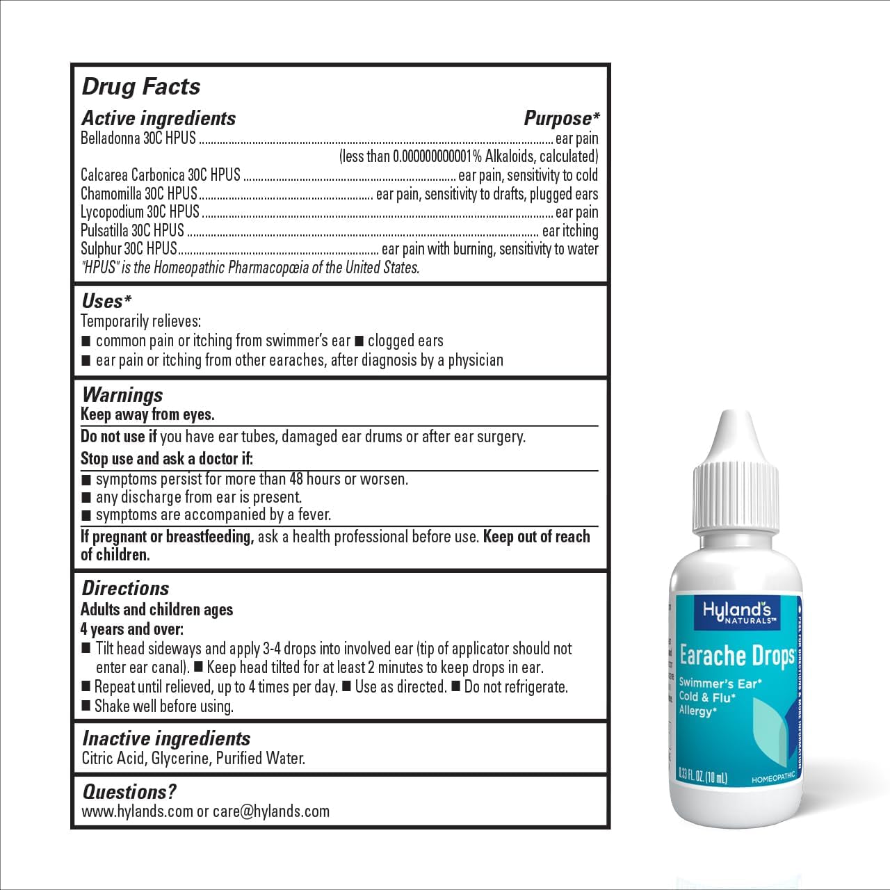 Hyland'S Earache Drops, Natural Relief of Swimmer'S Ear, Cold & Flu, Allergy Symptoms, Ages 4 & Up, Day & Night, 0.33 Fl Oz
