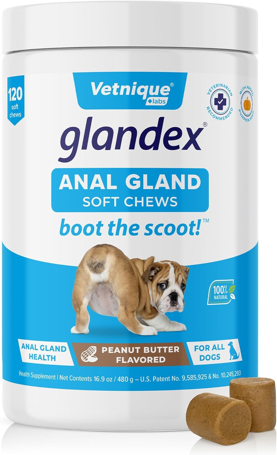 Glandex Anal Gland Soft Chew Treats with Pumpkin for Dogs Digestive Enzymes, Probiotics Fiber Supplement for Dogs Boot the Scoot (Peanut Butter Chews, 120Ct)