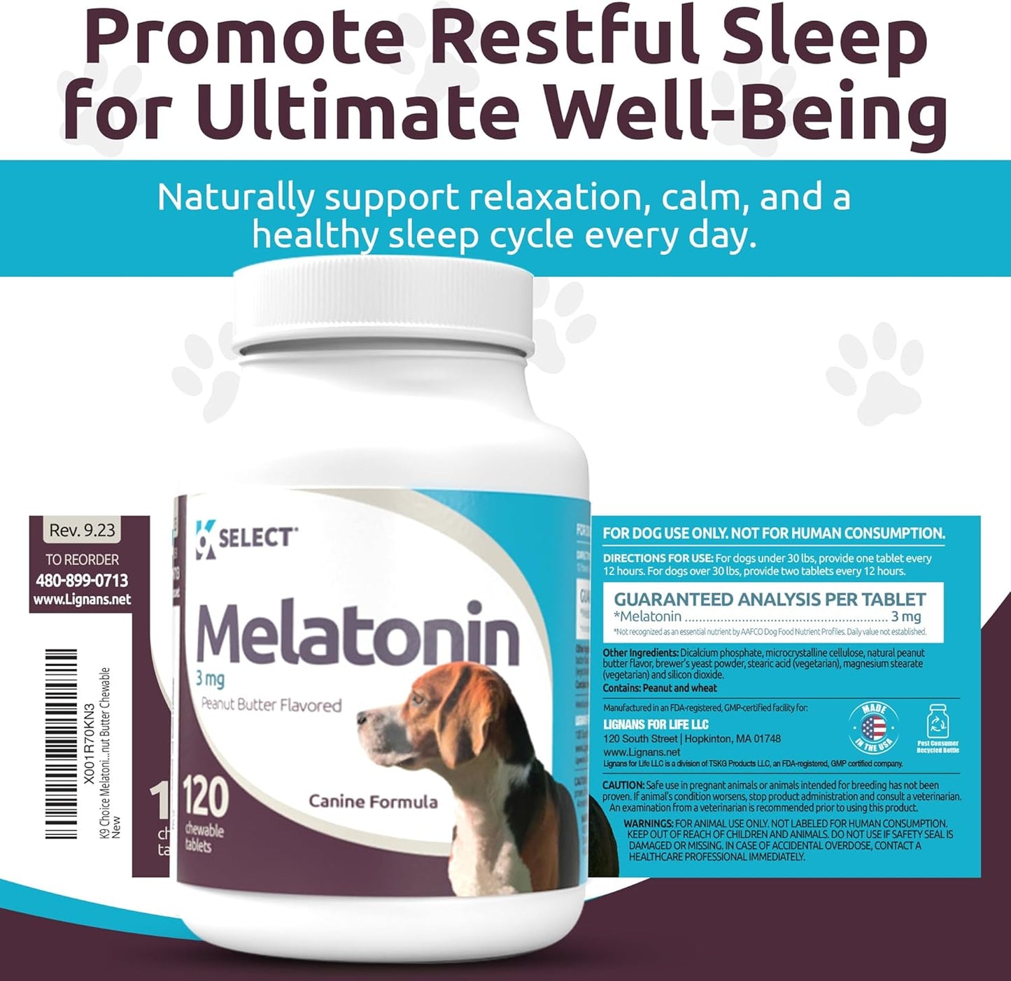 K9 Select Melatonin for Dogs - Calming Aid for Dogs - Adrenal Support Dog Sleep Aid - Reduce Stress, Pet Melatonin Calming Treats for Medium Sized Dogs - 3 Mg, 120 Peanut Butter Flavored Capsules