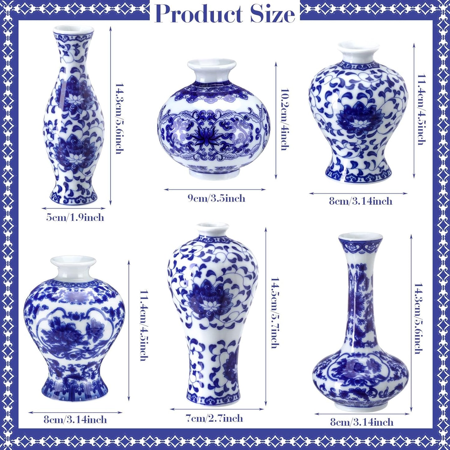 Funtery Set of 6 Small Blue and White Porcelain Vases Blue Chinoiserie Decor Gifts Ceramic Flower Vases Porcelain Classic Flower Vases for Home Table Centerpieces Bookshelf(Fresh Style)