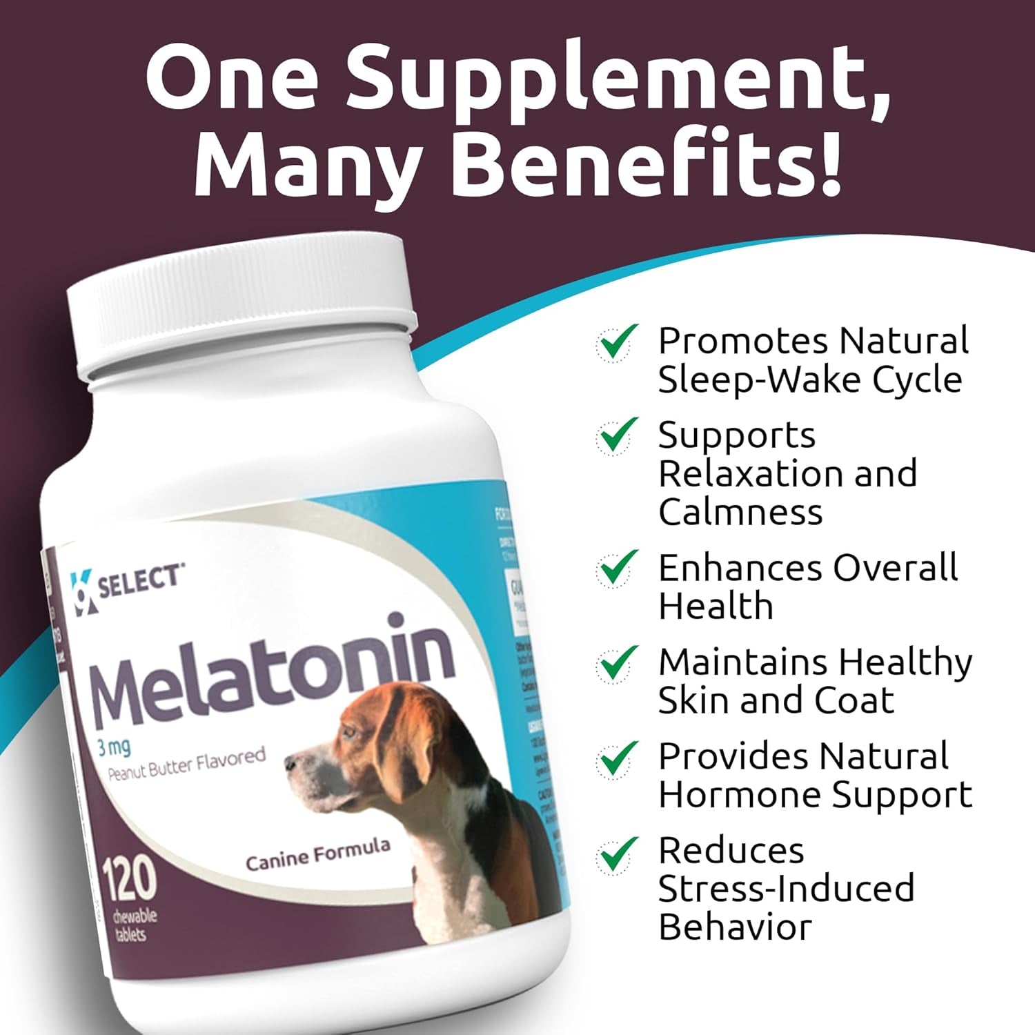 K9 Select Melatonin for Dogs - Calming Aid for Dogs - Adrenal Support Dog Sleep Aid - Reduce Stress, Pet Melatonin Calming Treats for Medium Sized Dogs - 3 Mg, 120 Peanut Butter Flavored Capsules