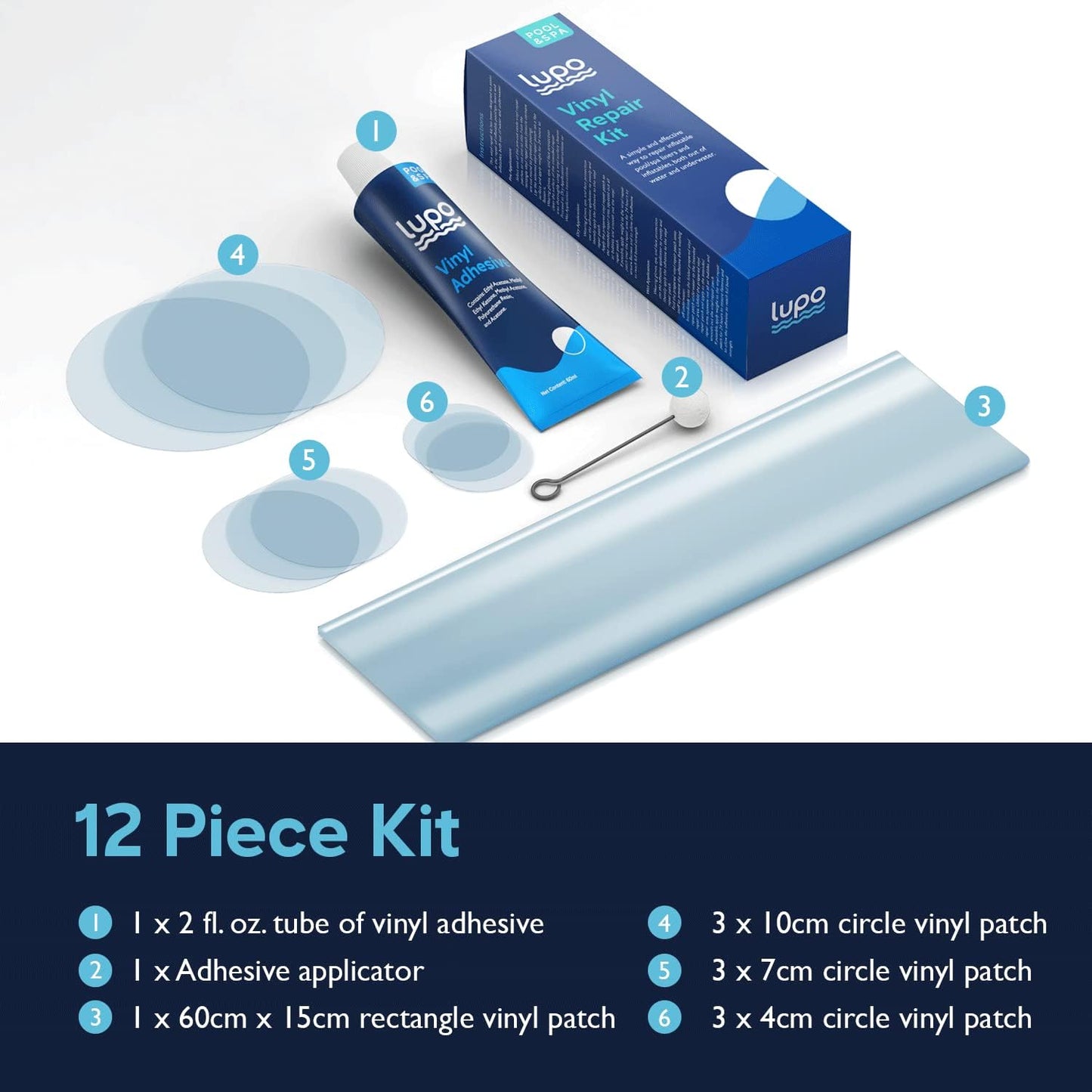Lupo 12 Piece Heavy Duty Vinyl Repair Kit for above Ground Swimming Pool Liners, Hot Tubs, Inflatables, Air Beds (Repair Patches, Glue and Application Tool)