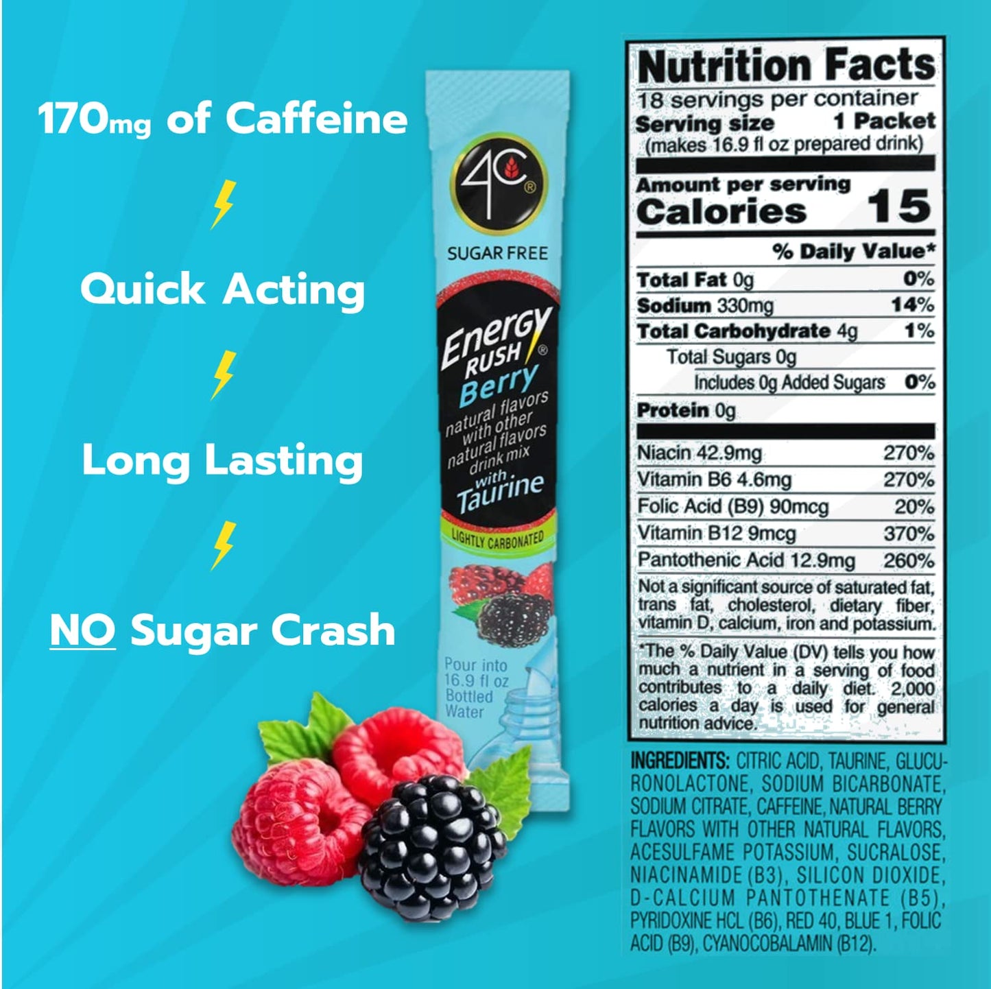 4C Energy Rush Stix, Berry 1 Pack, 18 Count, Single Serve Water Flavoring Packets, Sugar Free with Taurine, on the Go Bundle