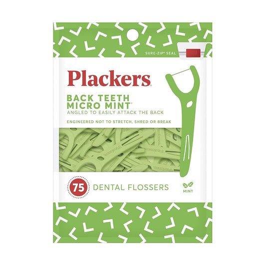 Plackers Back Teeth Micro Dental Flossers, Delicious Mint Flavor, Provides Easy Access for Back Teeth, Built-In Protected Pick, Easy Storage, 75 Count (Pack of 1)