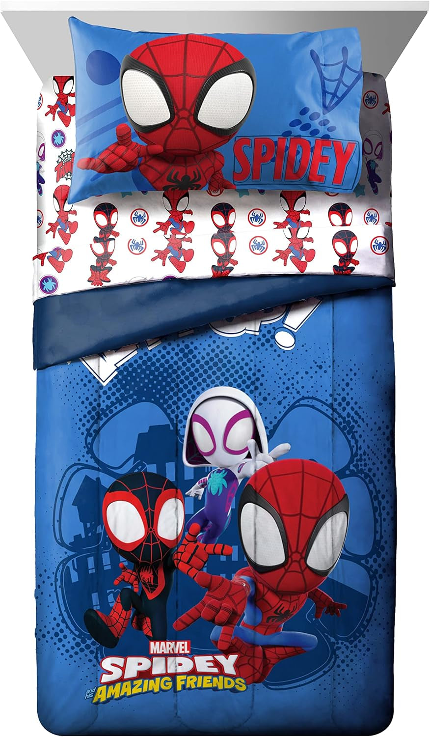 Jay Franco Marvel Spidey and His Amazing Friends Team Spidey 7 Piece Full Size Bed Set - Includes Comforter & Sheet Set Bedding - Super Soft Fade Resistant Microfiber (Official Marvel Product)