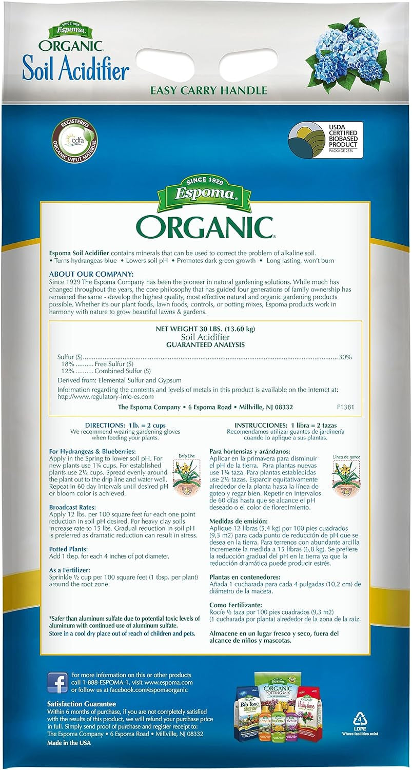 Espoma Organic Soil Acidifier Soil Amendment; Lowers Soil Ph and Turns Hydrangeas Blue! Contains Elemental Sulfur & Can Be Used for Organic Gardening 30 Lb. Bag - Pack of 1