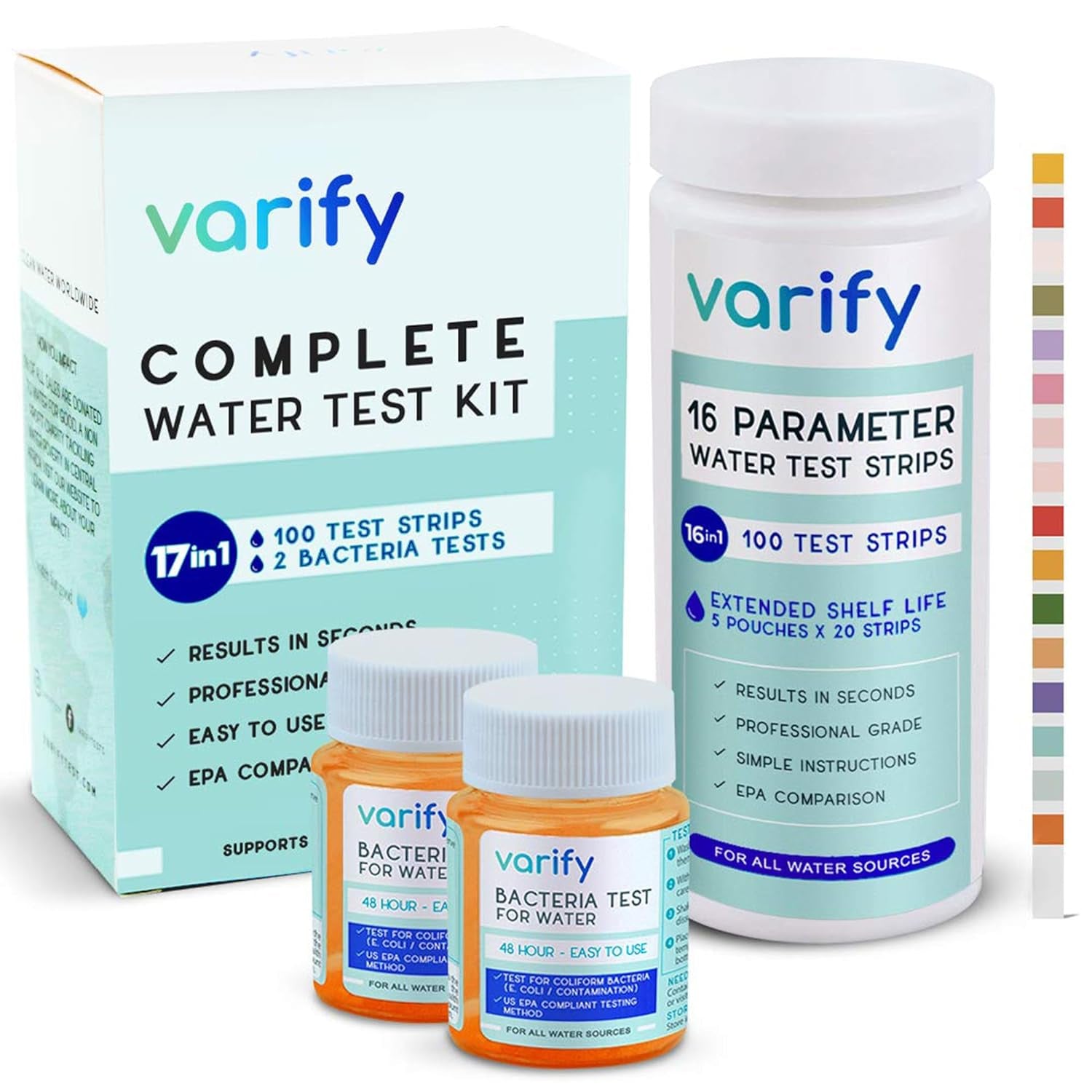 Varify 17 in 1 Complete Drinking Water Test Kit - 100 Strips + 2 Bacteria Tester Kits - Well, Tap, Home, City Water Testing Strip for Lead, Alkaline, Chlorine, Hardness, Iron, Fluoride, Copper & More