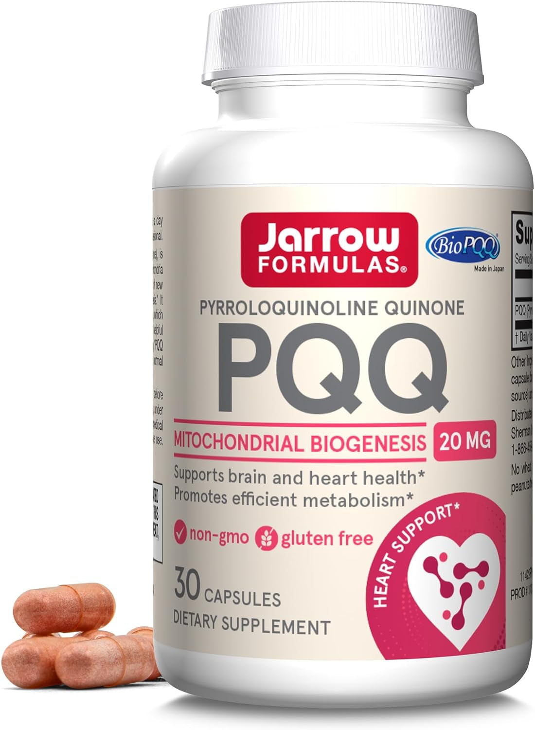 Jarrow Formulas PQQ 20 Mg, Dietary Supplement, Heart, Brain, and Metabolism Support, 30 Veggie Capsules, 30 Day Supply