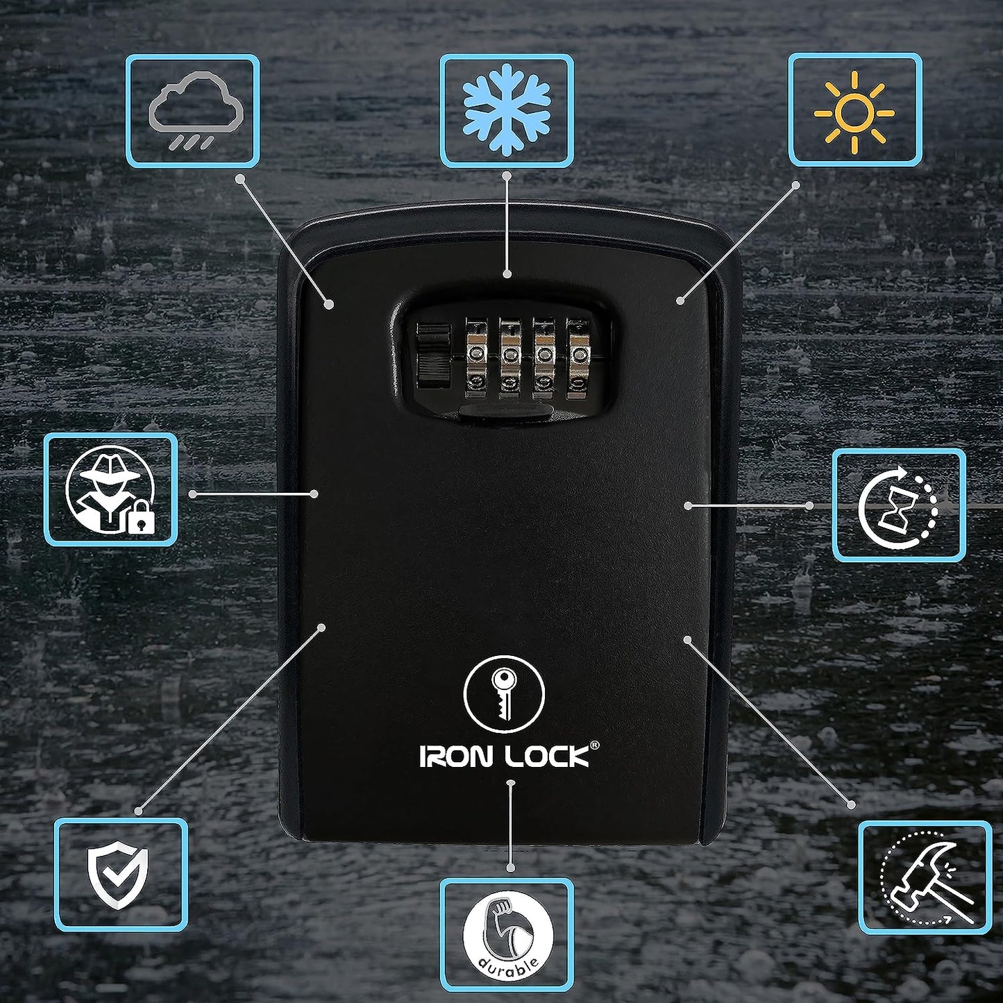 Iron Lock® - XXL Key Lock Box Wall Mount for Keys 4 Digit Combination with Resettable Code with a B Switch Extra Large Lockbox Indoor Outdoor Waterproof Big Key Lock Box House Spare Keys Hide a Key