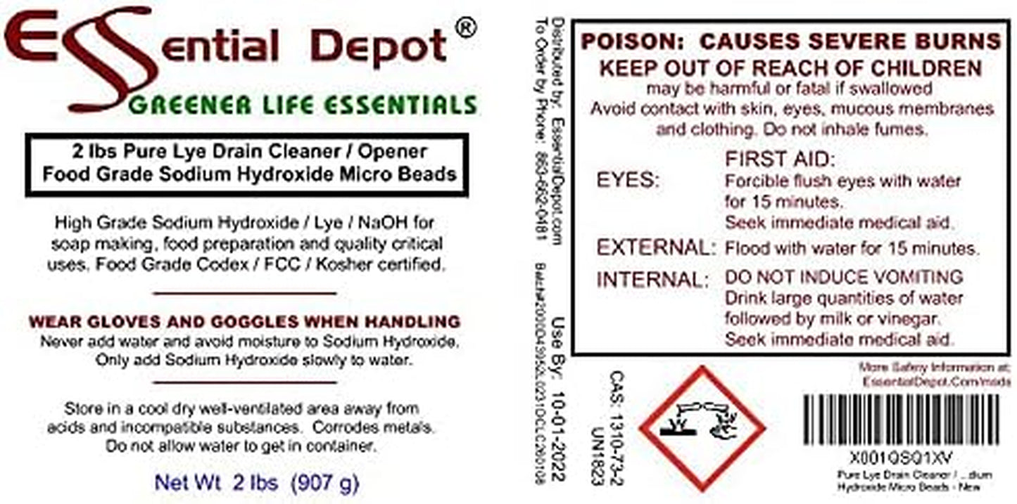 Pure Lye Drain Cleaner/Opener, 2 Lbs. Food Grade Sodium Hydroxide Micro Beads - HDPE Container with Resealable Child Resistant Cap