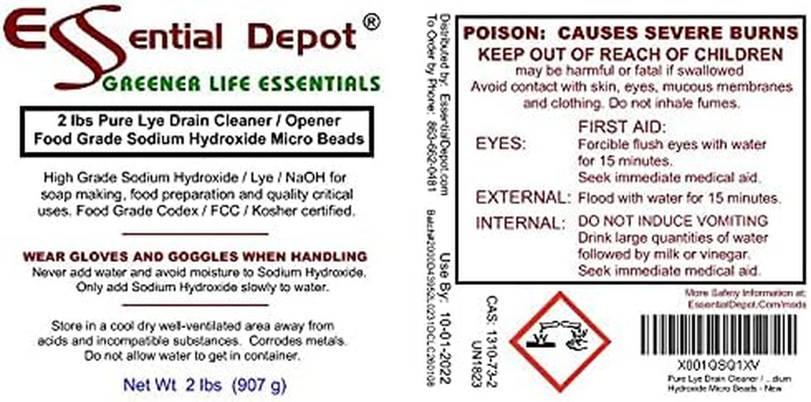 Pure Lye Drain Cleaner/Opener, 2 Lbs. Food Grade Sodium Hydroxide Micro Beads - HDPE Container with Resealable Child Resistant Cap