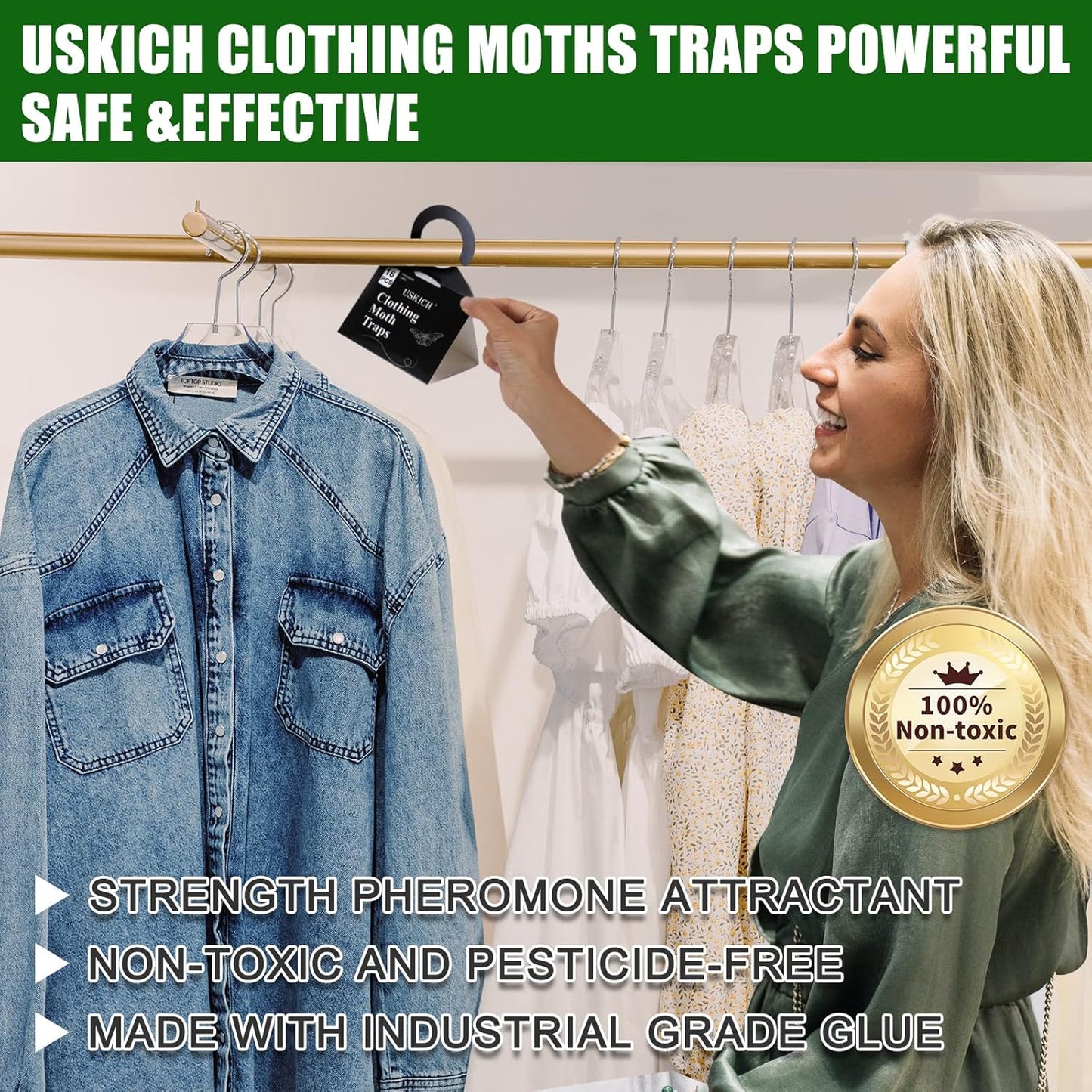 USKICH Clothes Moth Traps with Strength Pheromones |Sticky Glue Trap for Closets and Carpet Moths |Clothing Moth Traps for Feathers, Fur, Wool |Lure, Trap and Kill Case-Bearing Webbing Moths(16 Pack)