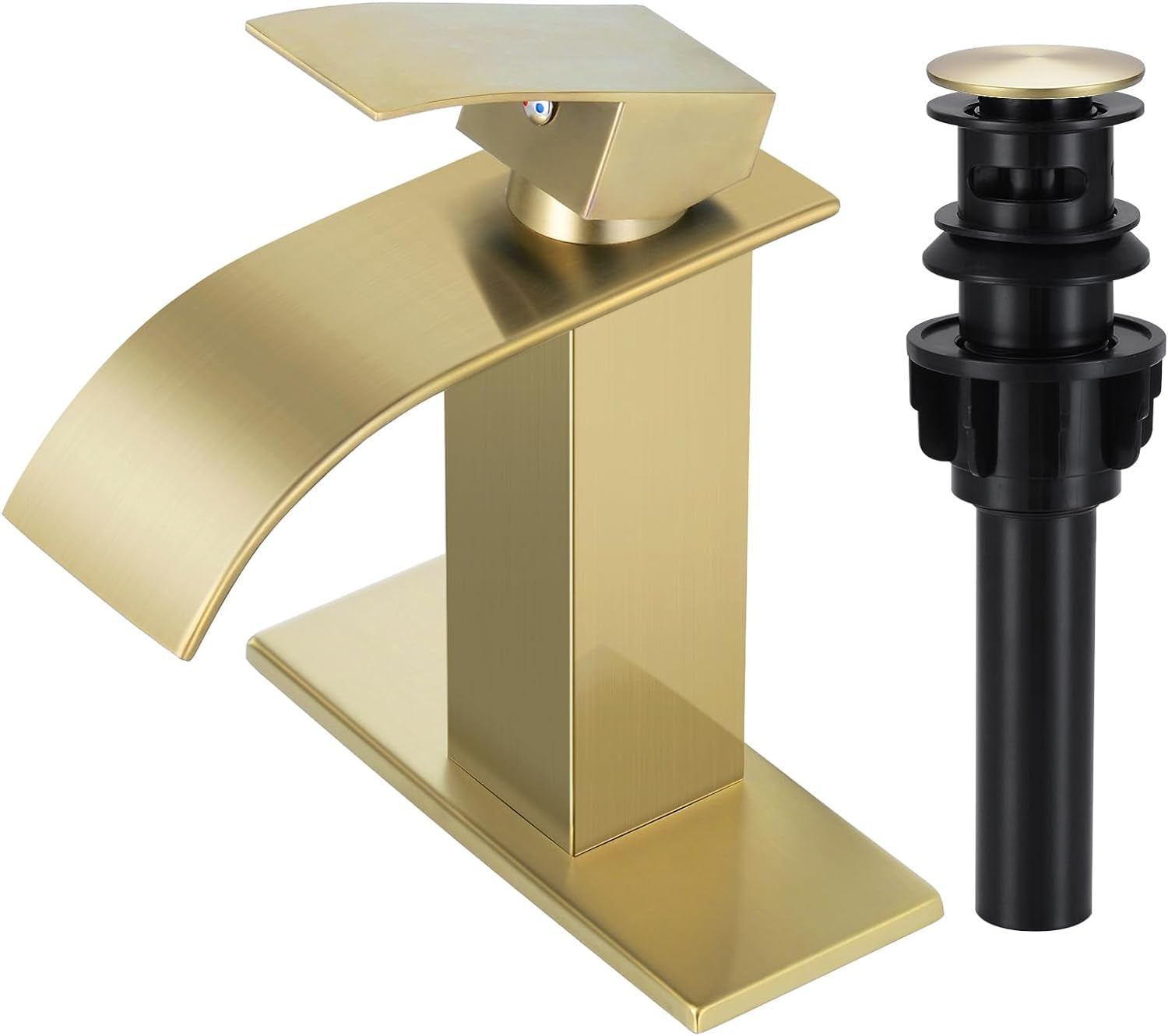 Qomolangma Waterfall Bathroom Faucet, Brushed Gold Modern Single Handle Bathroom Faucets for 1 or 3 Hole Bathroom Sink Faucet Mixer Tap Washbasin Faucet with Deck, Pop-Up Drain and Supply Hoses