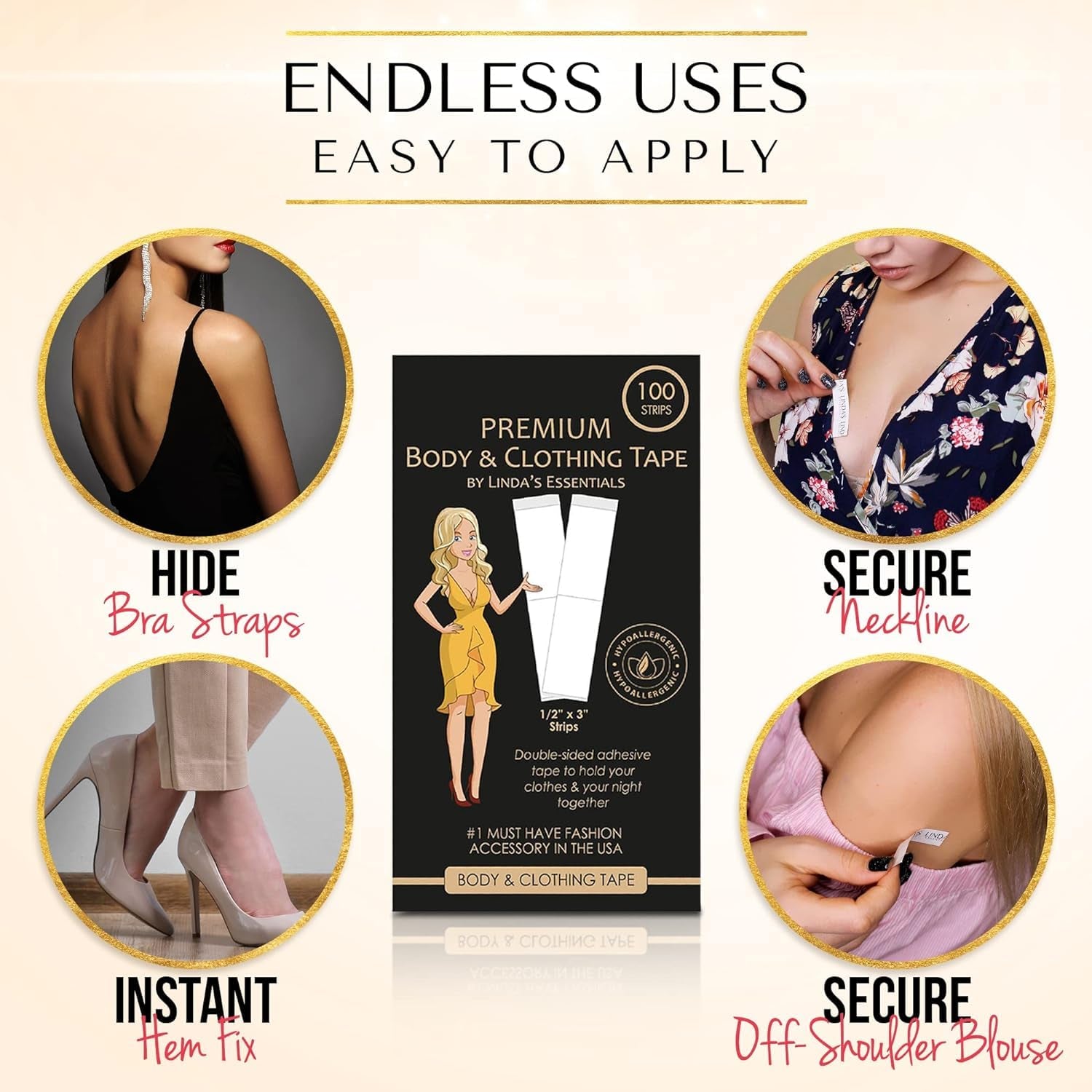 Double Sided Tape for Clothes, Body and Fashion (100 Pack), Skin Tape & Clothing Tape for Women, Hem Tape No Sew No Iron, Strong Transparent Clear Body Tape for Skin for All Shades and Sensitivity