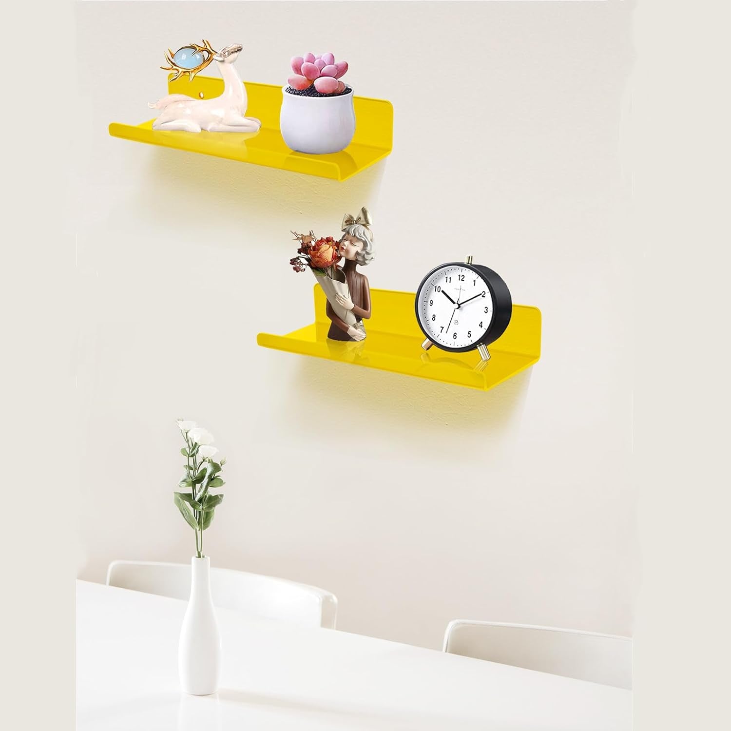 ROYALITA Small Acrylic Shelves Wall Mounted | Set of 2 | 12 Inches | Wall Hanging Bookshelf Display Shelves, Room Decor Floating Wall Shelves for Bedroom, Living Room, Office, Yellow