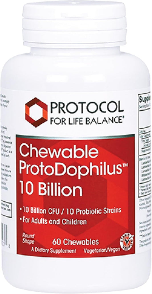 Protocol Chewable Protodophilus - 10 Billion CFU Probiotic - Chewable Tablet for Adults & Kids - for Digestive Health, Detox & Cleanse* - Vegan & Halal - 60 Chewables