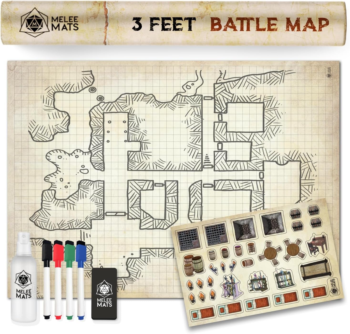 Melee Mats DND Map Starter Kit for Dungeons & Dragons Game - 24” X 36", Wet/Dry Erase Battle Terrain Grid - Ultimate Tabletop Gaming Experience with Accessories