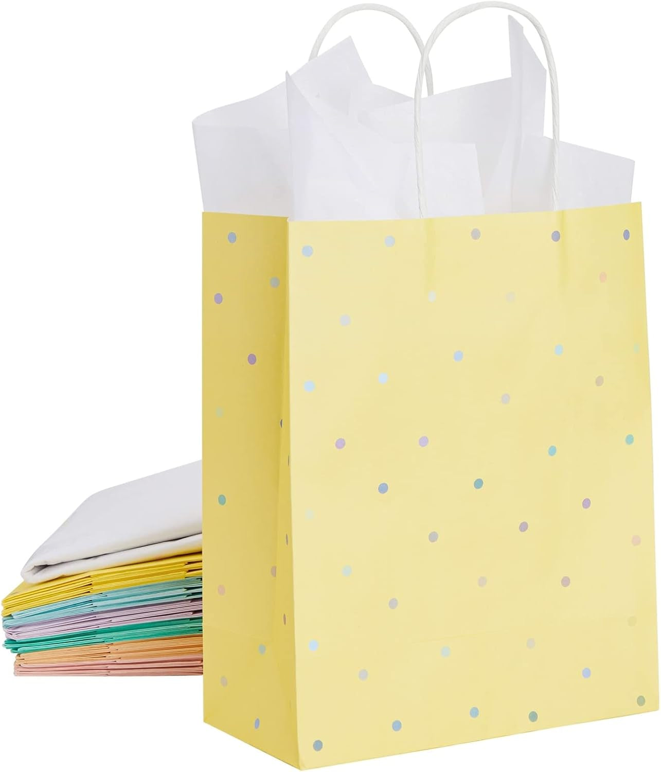 BLUE PANDA 36 Pack Medium Polka Dot Paper Gift Bags with Handles and White Tissue Paper, 6 Pastel Rainbow Colors (10 X 8 X 4 In)