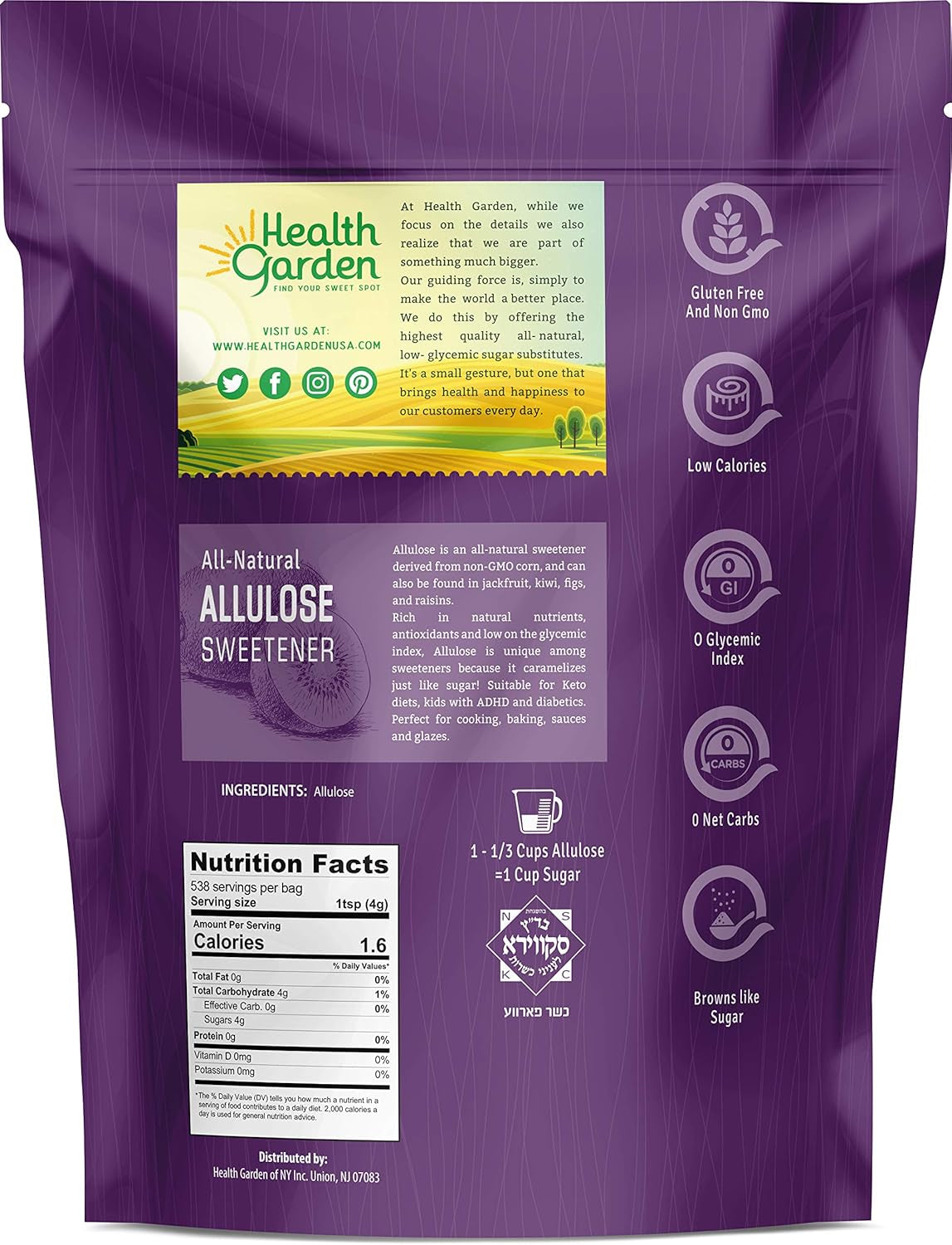 Health Garden Allulose Sweetener - Gluten and Sugar Free - Zero Net Carb - Non GMO - Kosher - Keto Friendly (4.75 LB)