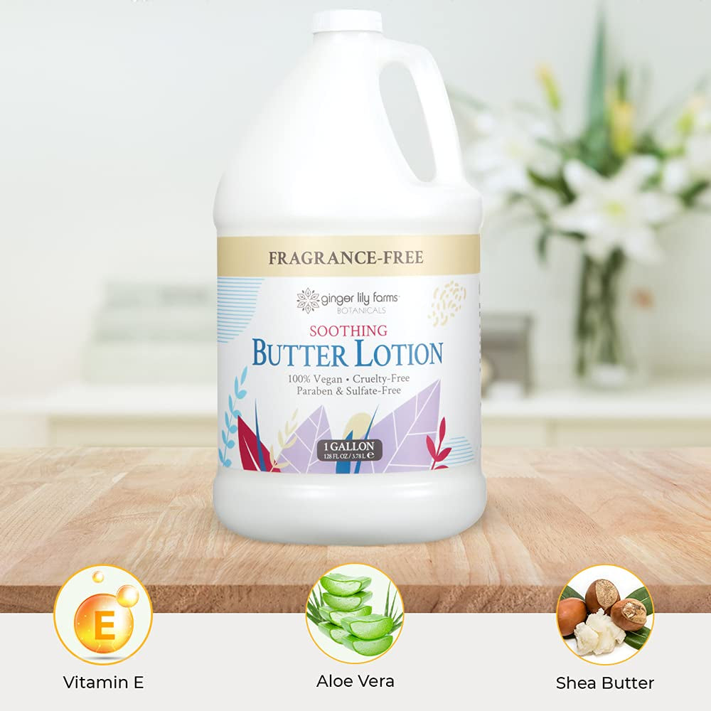 Ginger Lily Farms Botanicals Soothing Butter Lotion for Dry, Sensitive Skin, 100% Vegan & Cruelty-Free, Fragrance Free, 1 Gallon (128 Fl Oz) Refill (Pack of 1)