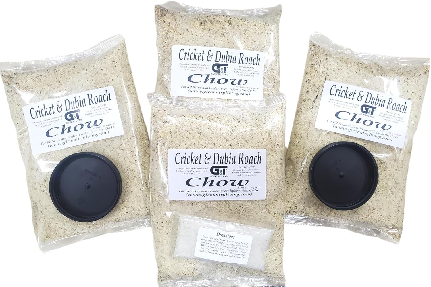 G&T Country Living Cricket and Dubia Roach Chow Kit - 4 Lbs Feed, 1 Oz Water Gel Crystals, Two Bowl Lids for Feeding and Watering, Essential for Raising Feeder Crickets and Dubia Roaches