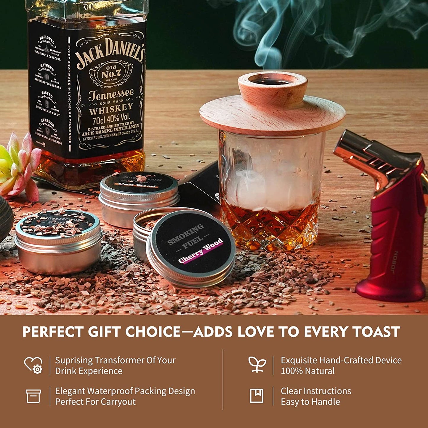 Cocktail Whiskey Smoker Kit, Old Fashioned Kit for Festival Gift, Four Kinds of Wood Chips for Whiskey, Bourbon. Smoked Cocktail, Drink, Food for Friends, Husband, Dad (With Torch Butane Not Included ) (Black)