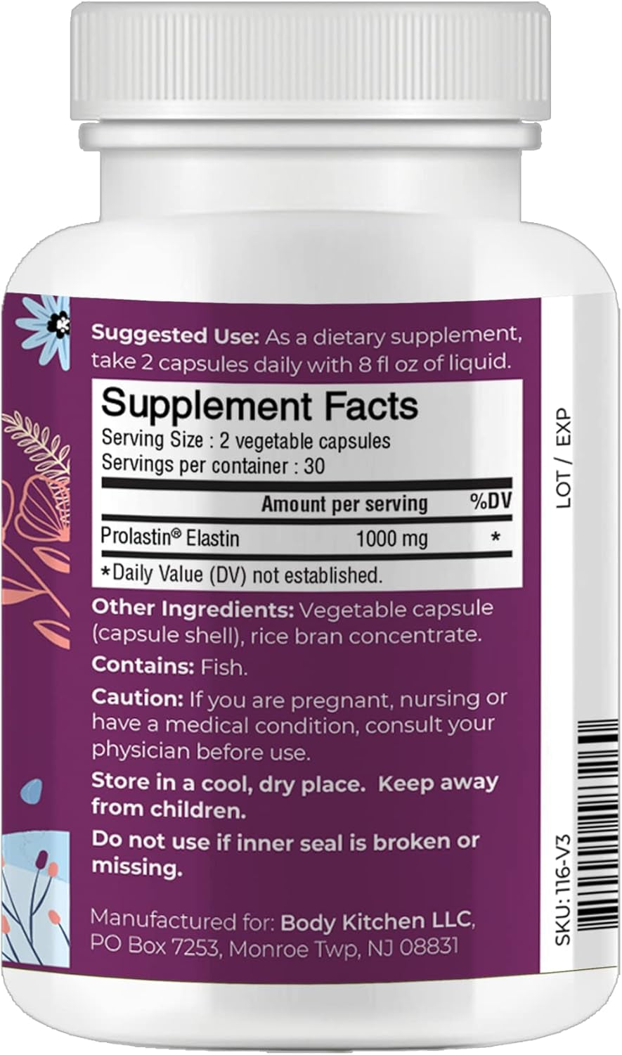 Body Kitchen Pro-Elastin, 1000 Mg Elastin Supplement, Help Reduce Signs of Aging, Improved Skin Health, Firmness & Elasticity, Fewer Wrinkles, Veggie Caps, (Pack of 1)