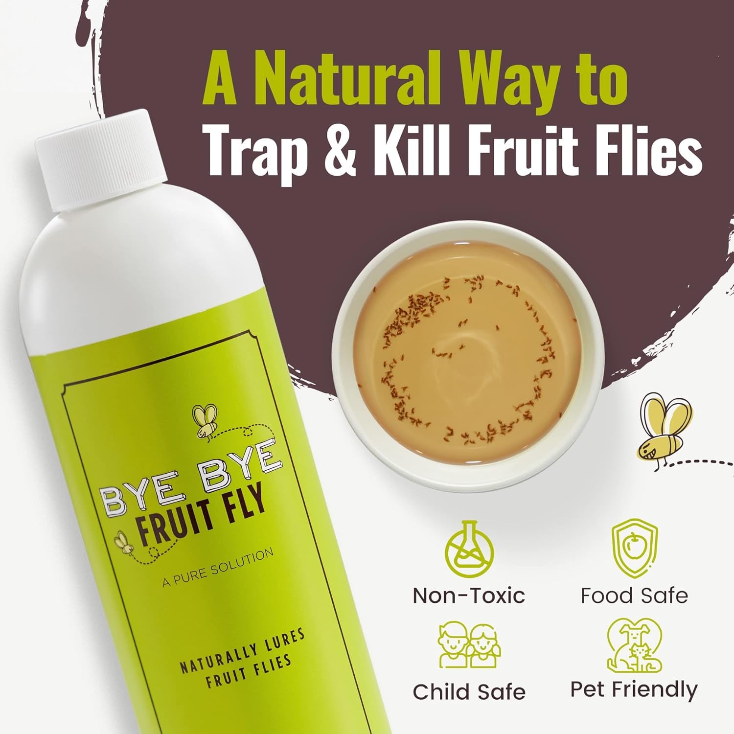 Natural Fruit Fly Killer, Liquid Fly Traps for Indoors, Pure Solution Fruit Fly Traps for Indoors Refill Liquid, Safe near Pets, Food, & Kids, 16 Oz