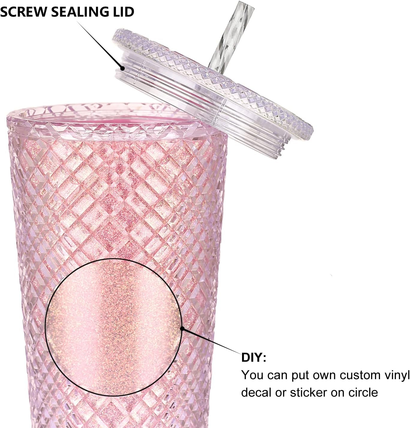 Tumbler with Lid, Iced Coffee Cup Travel Mug Reusable Plastic Cups,Double Walled Insulated Tumblers with Leak Proof Lids,Bpa Free,24Oz Glitter Pink