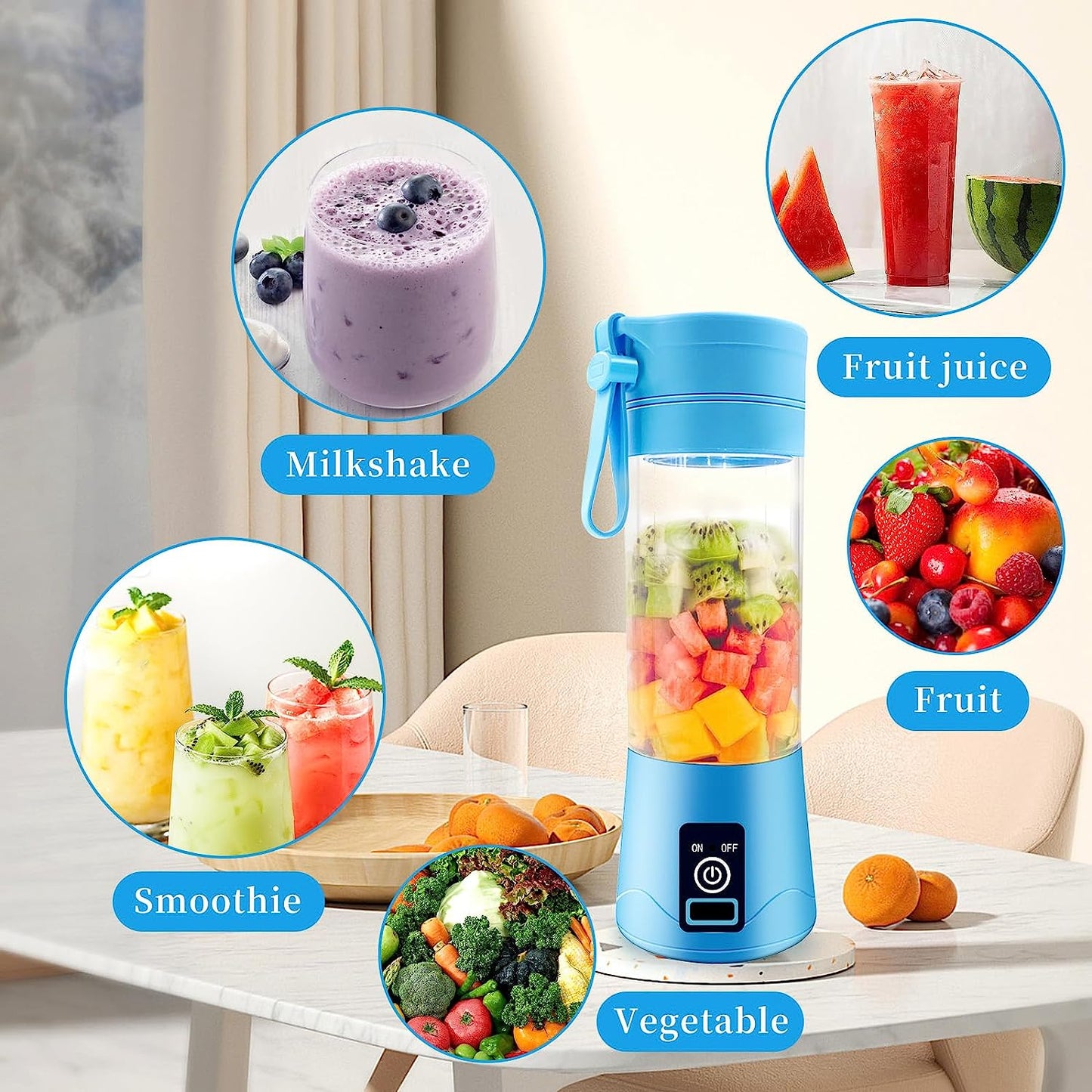 Portable Blender,Personal Blender for Shakes and Smoothies,Personal Size Blenders with USB Rechargeable Mini Fruit Juice Mixer, Mini Juicer Smoothie Blender Bottles Travel 380ML