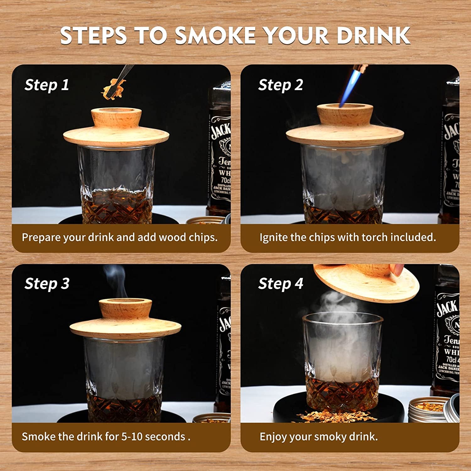 Cocktail Whiskey Smoker Kit, Old Fashioned Kit for Festival Gift, Four Kinds of Wood Chips for Whiskey, Bourbon. Smoked Cocktail, Drink, Food for Friends, Husband, Dad (With Torch Butane Not Included ) (Black)
