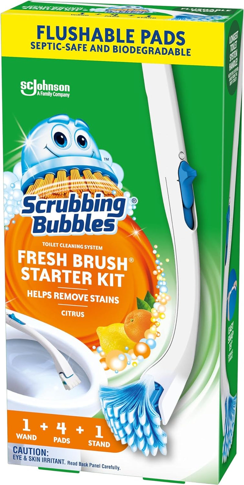 Scrubbing Bubbles Toilet Bowl Brush and Holder with Toilet Cleaner Refill Pads, Fresh Brush Toilet Wand Starter Kit, Cleans Limescale & Fights Odors, Citrus Scent, 1 Toilet Wand + 4 Refills + 1 Stand