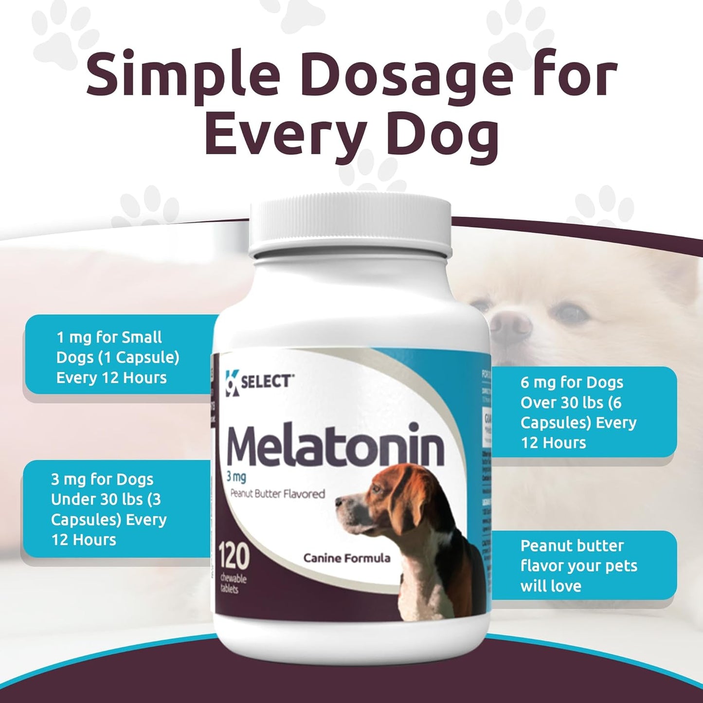 K9 Select Melatonin for Dogs - Calming Aid for Dogs - Adrenal Support Dog Sleep Aid - Reduce Stress, Pet Melatonin Calming Treats for Medium Sized Dogs - 3 Mg, 120 Peanut Butter Flavored Capsules