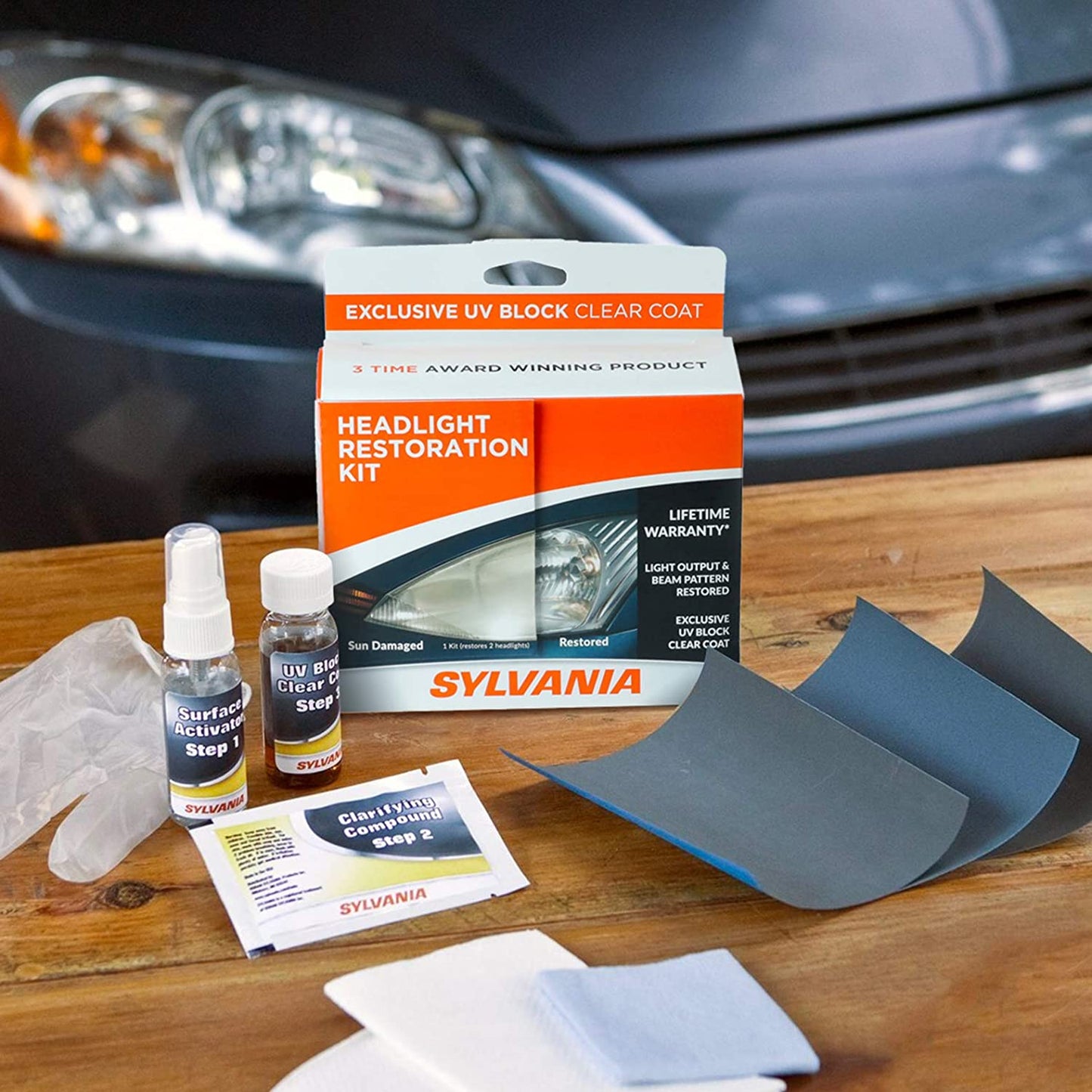 SYLVANIA - Headlight Restoration Kit - 3 Easy Steps to Restore Sun Damaged Headlights with Exclusive UV Block Clear Coat, Light Output and Beam Pattern Restored, Long Lasting Protection