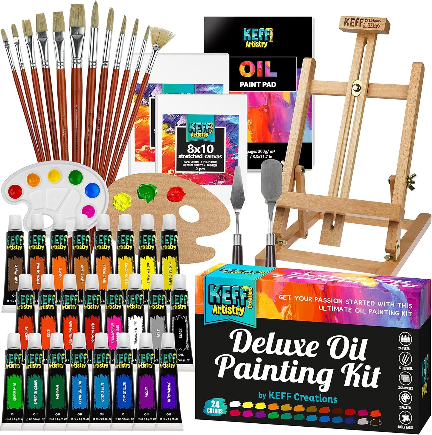 KEFF Oil Paint Set for Adults and Kids - Art Supplies Painting Kits with 24 Oil Paints, Stretched Canvas, Art Easel, Brushes, Palette, Knives and Paper Pad