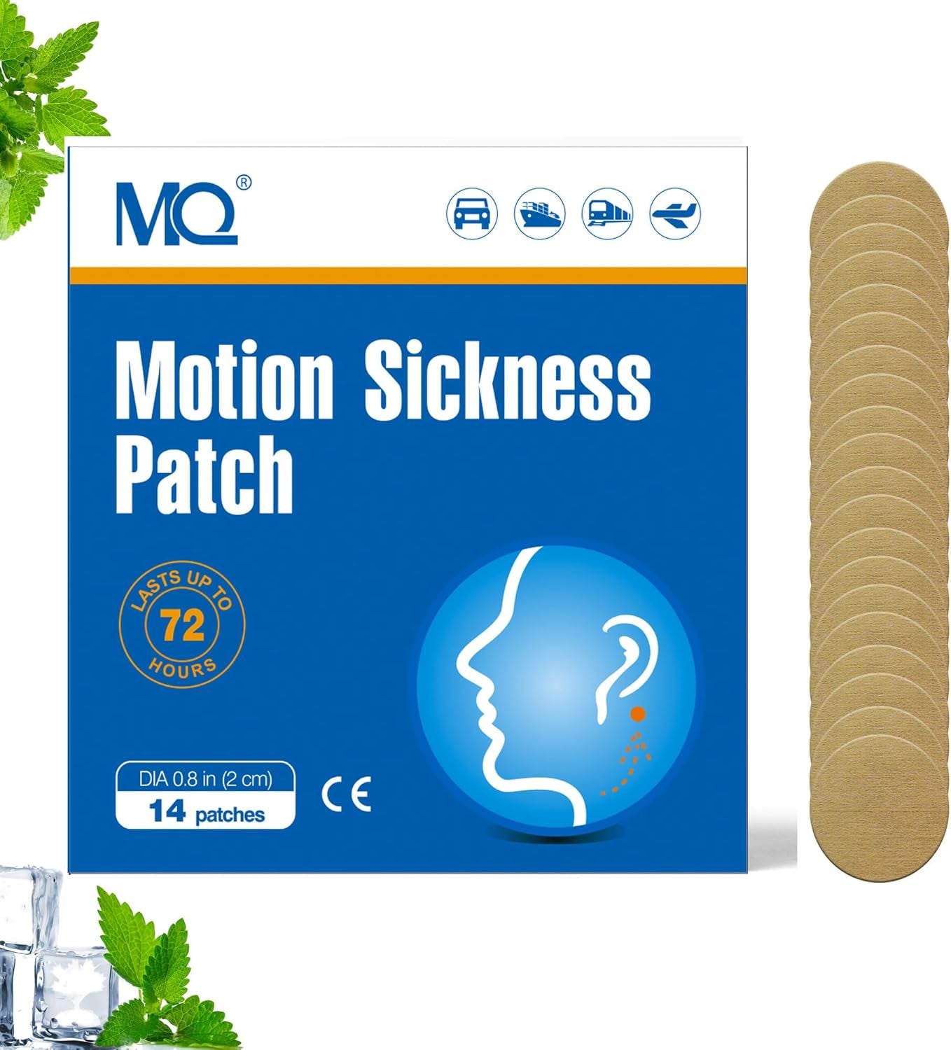 MQ 14Ct Motion Sickness Patches Non Drowsy - Sea Sickness Patches for Cruise Travel Essentials, Waterproof Patch behind Ear for Car Airplane Altitude Sickness, Long Last 72H