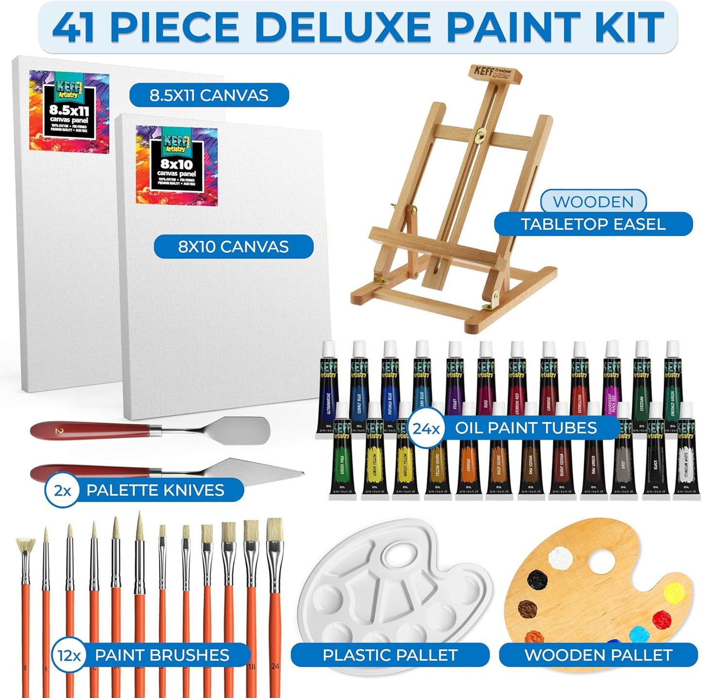 KEFF Oil Paint Set for Adults and Kids - Art Supplies Painting Kits with 24 Oil Paints, Stretched Canvas, Art Easel, Brushes, Palette, Knives and Paper Pad