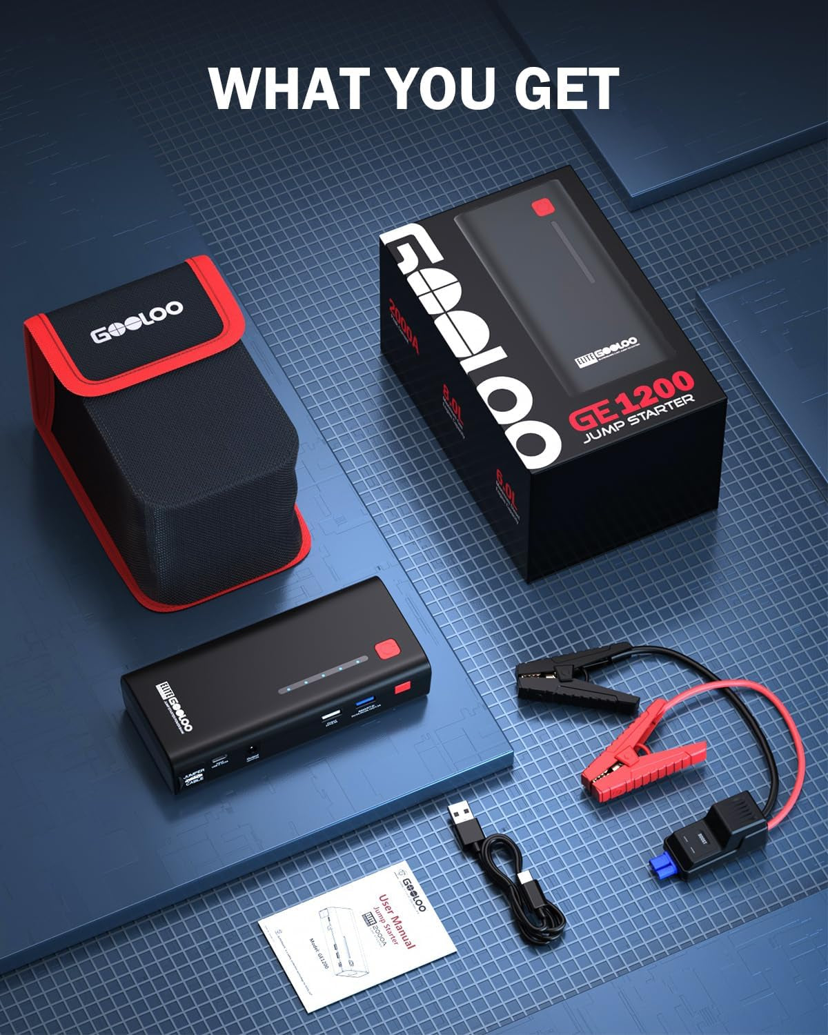 GOOLOO Jump Starter GE1200 2000A Peak Portable Jump Starter Battery Pack for up to 8.0L Gas or 6.0L Diesel Engine with USB Quick Charge and LED Light, Supersafe 12V Lithium Car Starter