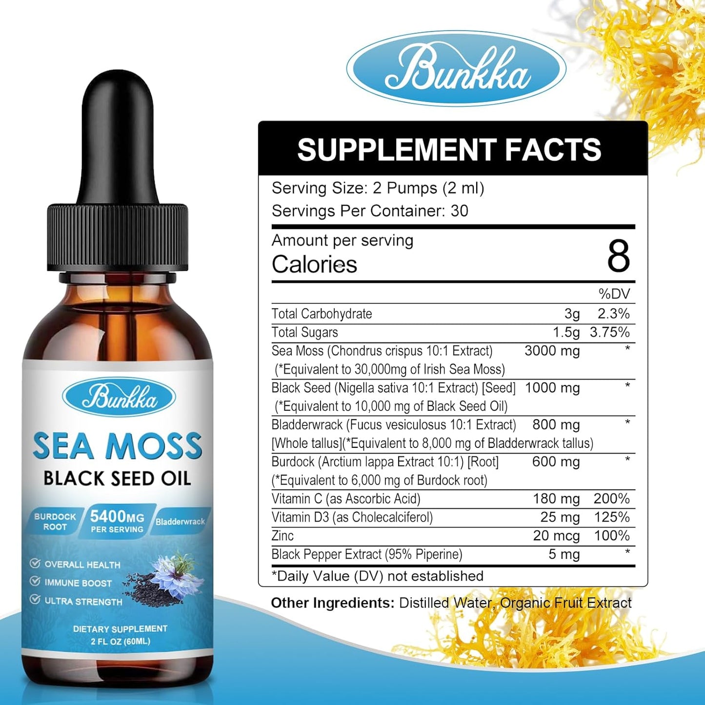 Sea Moss 3000Mg Black Seed Oil 1000Mg with Burdock Root 600Mg Bladderwrack 800Mg&Vitamin C Vitamin D3, Irish Sea Moss Drop for Immune System, Gut, Skin & Energy