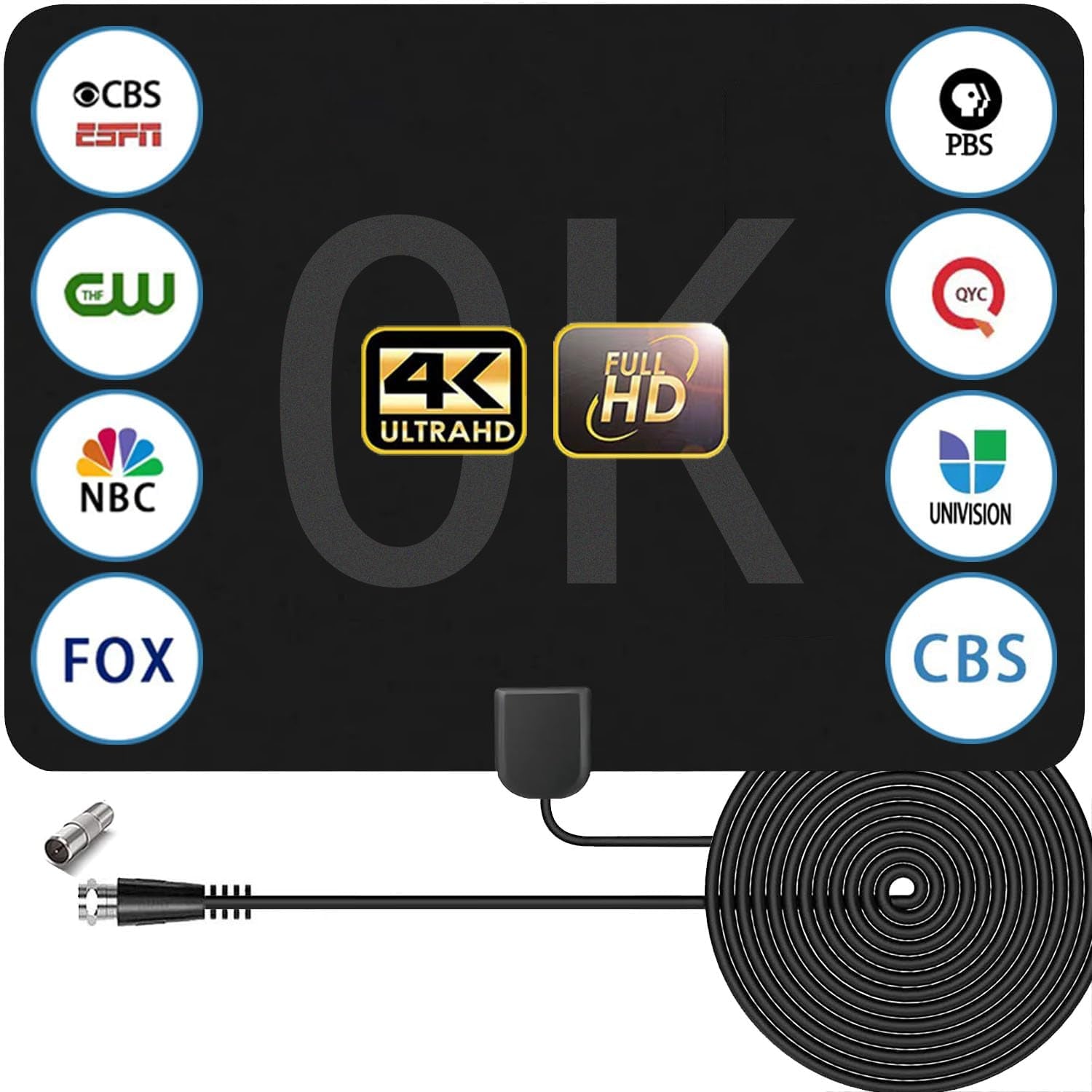 TV Antenna Indoor, Long Range Reception Digital TV Antenna for Smart TV Indoor Support 4K 1080P, Digital HDTV Antenna for Smart Switch Amplified Signal Booster - 16.5 Ft Coax HDTV Cable AC Adapter