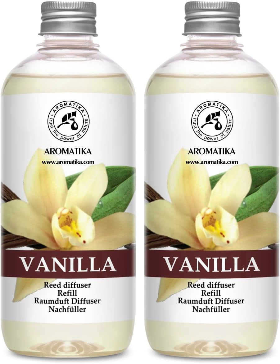 Diffuser Refill Vanilla 34 Fl Oz - 2 X 500Ml - Fragrance Oil Diffuser Refill - Home Fragrance - Vanilla Scent - Room Freshener - Vanilla Aroma - Fresh and Long Lasting Fragrance