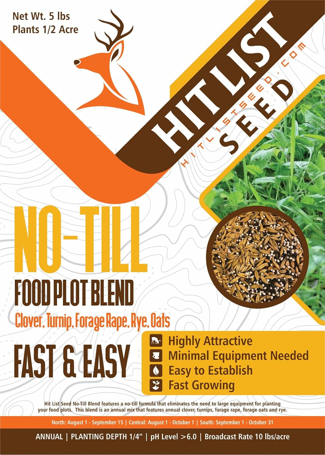 Hit List Seed® No Till Food Plot Seeds for Deer [Annual Mix] - Throw and Grow Food Plot Seed - Deer Plot Seed Mix - Clover, Rye, Turnip, Brassica, Oats - No Plow Food Plot Seed for Deer - 5 Lbs