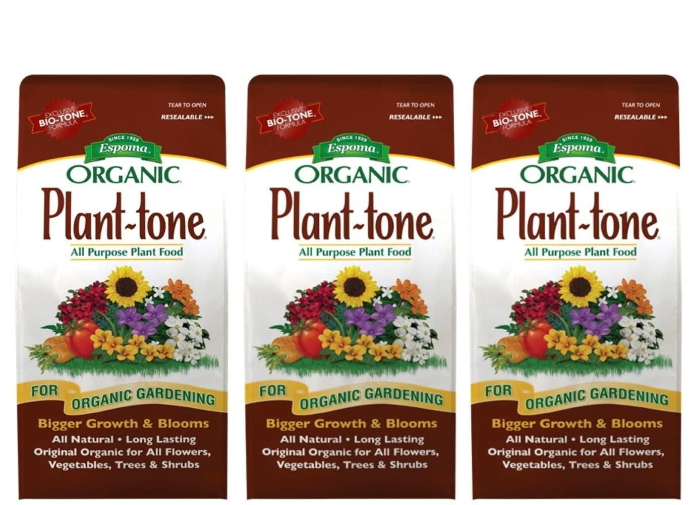 Espoma Organic Plant-Tone 5-3-3 Natural & Organic All Purpose Plant Food; 4 Lb. Bag; the Original Organic Fertilizer for All Flowers, Vegetables, Trees, and Shrubs. Pack of 3